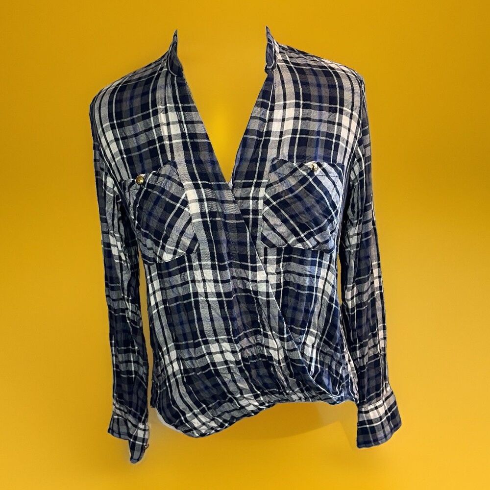 READ Lauren Ralph Lauren Womens Faux Wrap Blouse M Navy Plaid Gold Button